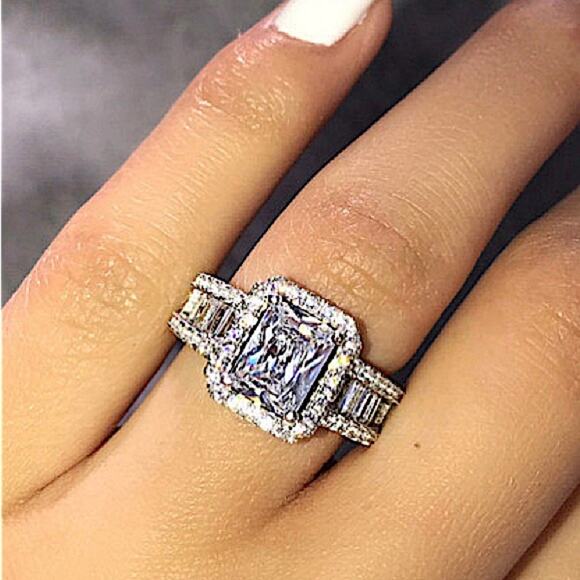 Sterling Silver Princess Cut Halo Baguette Diamond Ring - Picture 5 of 9